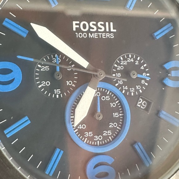Fossil Men’s Watch stainless, blue dials, leather band. Rock & Roll chunky - Picture 8 of 9